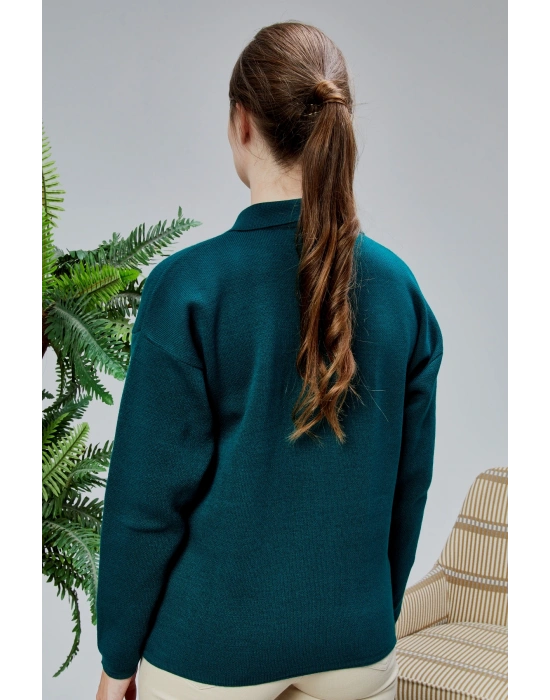 Kadın Polo Yaka Oversize Çizgili 4 Düğmeli Triko Kazak Yeşil