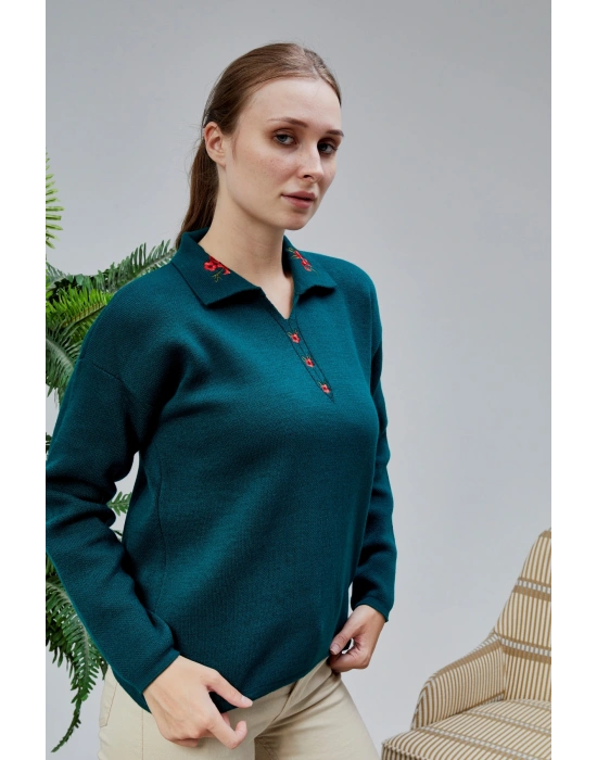 Kadın Polo Yaka Oversize Çizgili 4 Düğmeli Triko Kazak Yeşil