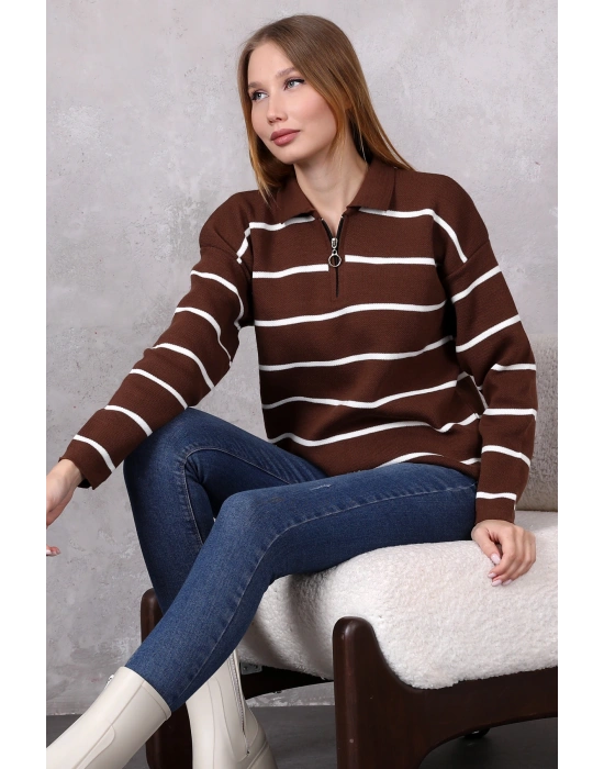 Kadın Polo Yaka Oversize Çizgili Fermuarlı Triko Kazak Kahverengi