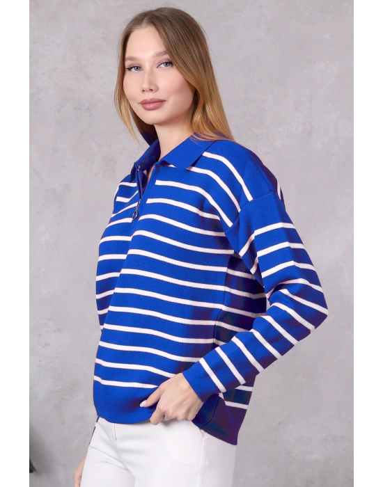 Kadın Polo Yaka Oversize Çizgili Fermuarlı Triko Kazak Saks Mavi