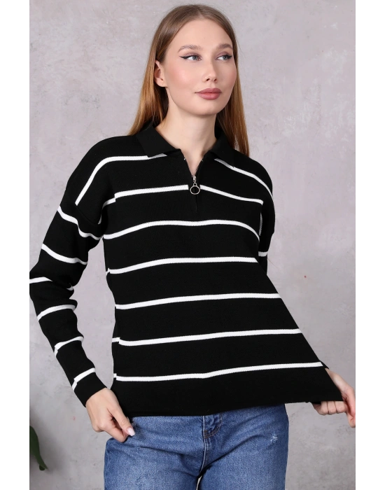 Kadın Polo Yaka Oversize Çizgili Fermuarlı Triko Kazak Siyah