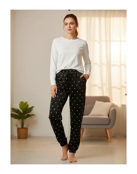 Kadın Puantiye Kadife Yumuşak Bilek Manşetli/lastikli Cepli Pijama Jogger Tek Alt 0258