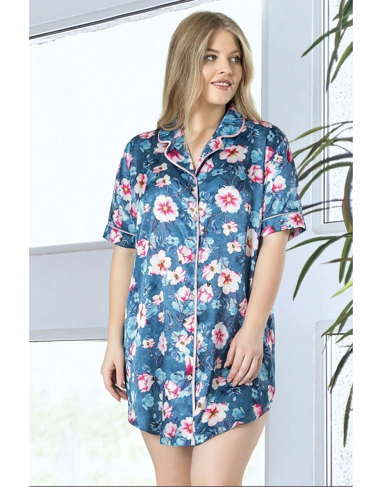 Kadın Saten Komple Düğmeli Gömlek Tunik Gecelik