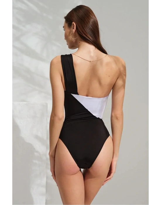 Kadın Siyah Beyaz Tek Omuz Mayo Dlx-231100