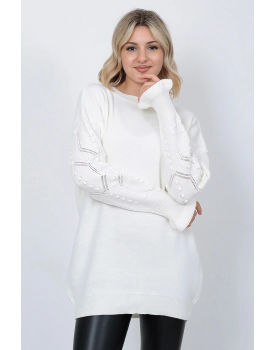 Kadın Triko Kazak Bisiklet Yaka Kolu Desenli Oversize Ekru