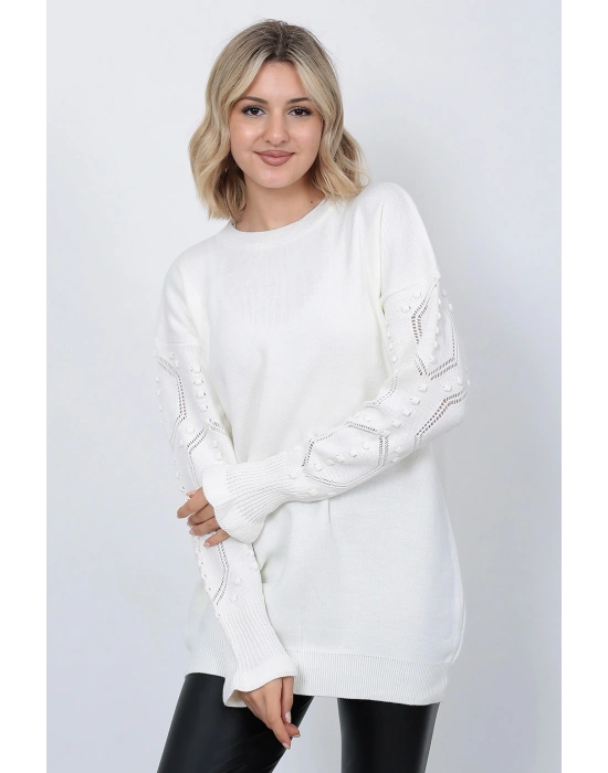 Kadın Triko Kazak Bisiklet Yaka Kolu Desenli Oversize Ekru