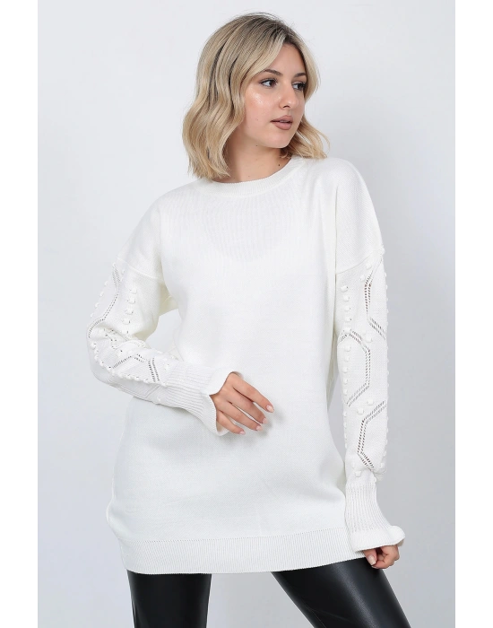 Kadın Triko Kazak Bisiklet Yaka Kolu Desenli Oversize Ekru