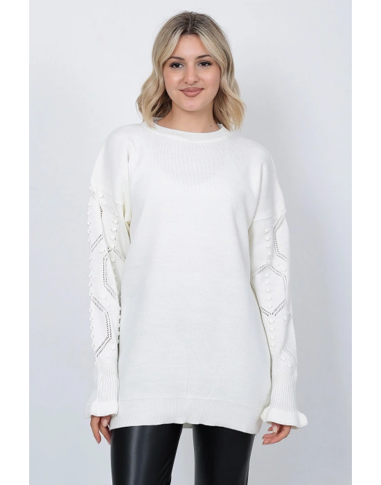Kadın Triko Kazak Bisiklet Yaka Kolu Desenli Oversize Ekru