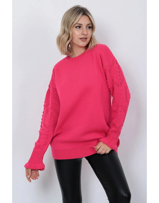 Kadın Triko Kazak Bisiklet Yaka Kolu Desenli Oversize Fujya