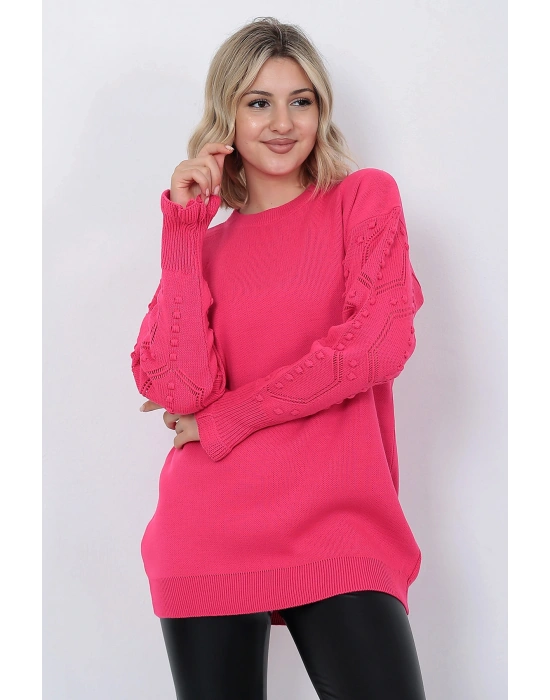 Kadın Triko Kazak Bisiklet Yaka Kolu Desenli Oversize Fujya