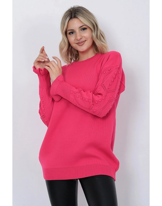 Kadın Triko Kazak Bisiklet Yaka Kolu Desenli Oversize Fujya