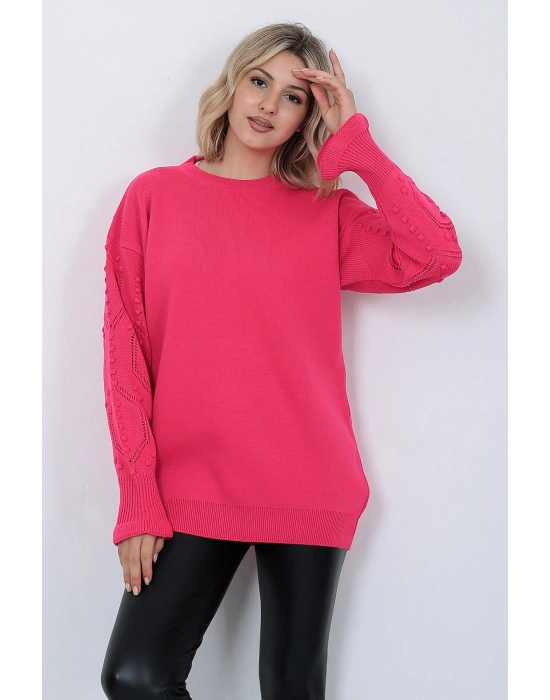 Kadın Triko Kazak Bisiklet Yaka Kolu Desenli Oversize Fujya