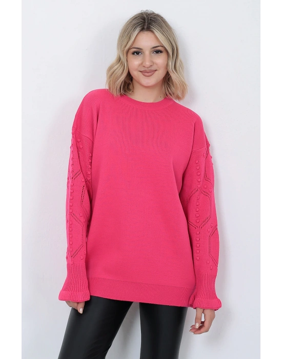 Kadın Triko Kazak Bisiklet Yaka Kolu Desenli Oversize Fujya