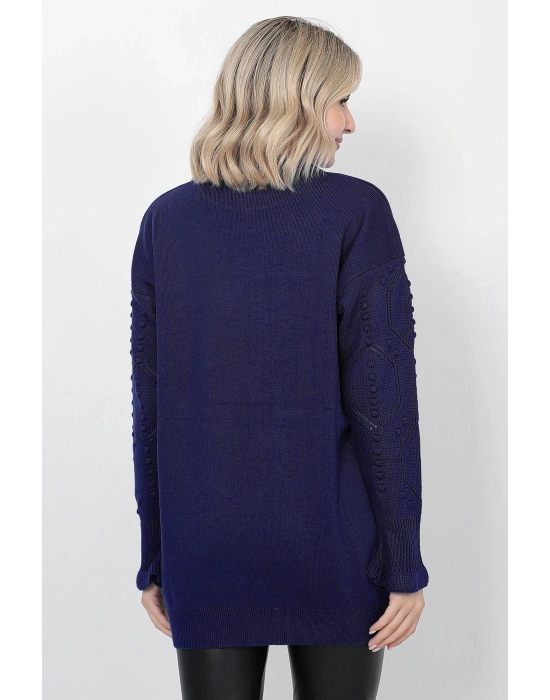 Kadın Triko Kazak Bisiklet Yaka Kolu Desenli Oversize Lacivert