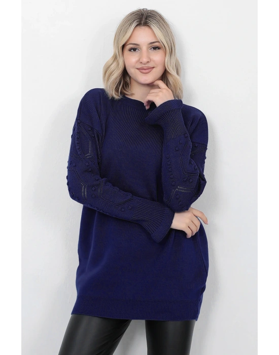 Kadın Triko Kazak Bisiklet Yaka Kolu Desenli Oversize Lacivert