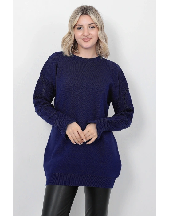 Kadın Triko Kazak Bisiklet Yaka Kolu Desenli Oversize Lacivert