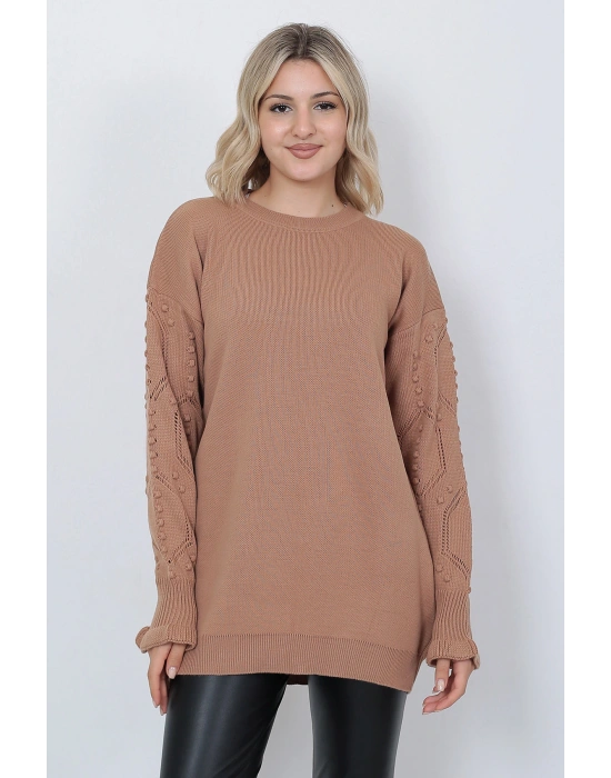 Kadın Triko Kazak Bisiklet Yaka Kolu Desenli Oversize Vizon