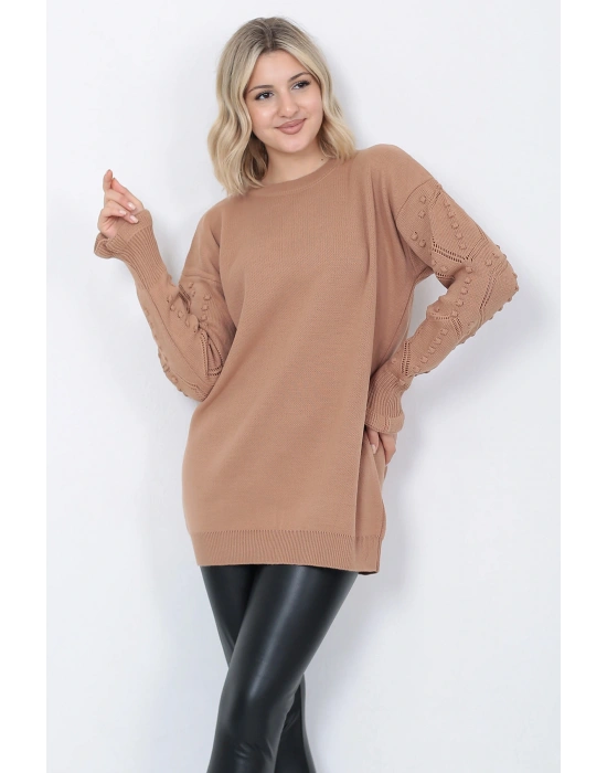 Kadın Triko Kazak Bisiklet Yaka Kolu Desenli Oversize Vizon