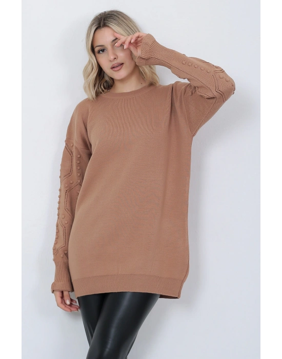 Kadın Triko Kazak Bisiklet Yaka Kolu Desenli Oversize Vizon