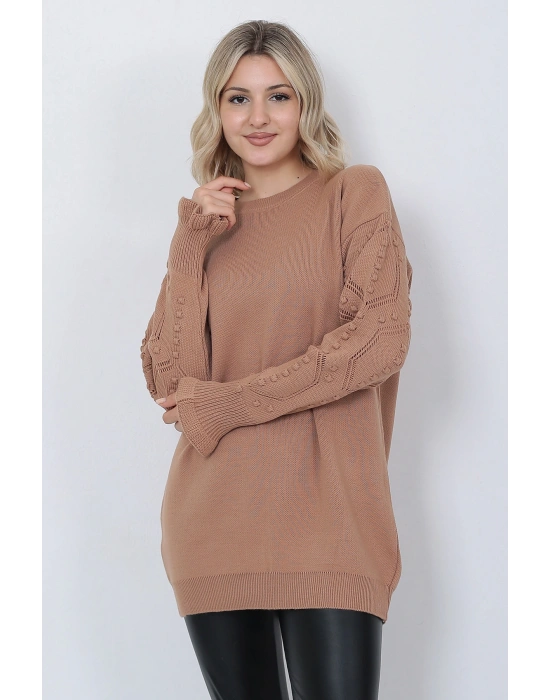 Kadın Triko Kazak Bisiklet Yaka Kolu Desenli Oversize Vizon