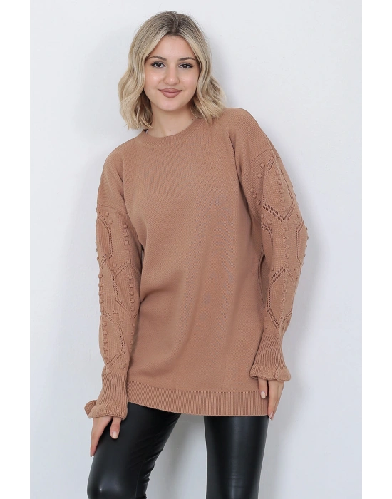 Kadın Triko Kazak Bisiklet Yaka Kolu Desenli Oversize Vizon