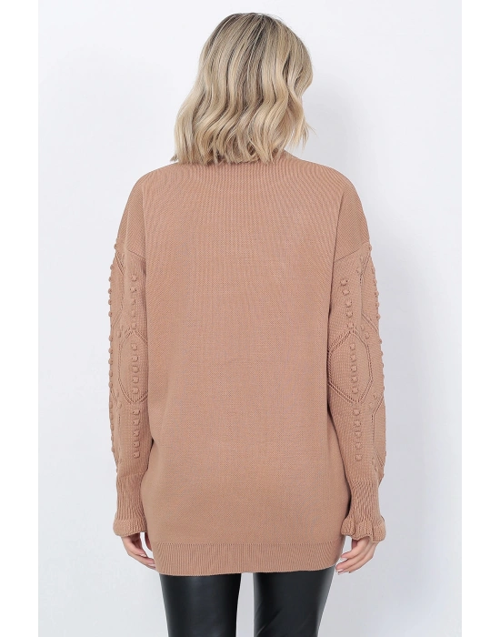 Kadın Triko Kazak Bisiklet Yaka Kolu Desenli Oversize Vizon