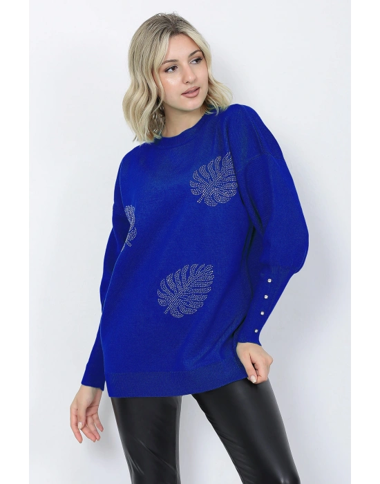 Kadın Triko Kazak Bisiklet Yaka Yaprak Desenli Kolu Taşlı Oversize Saks Mavi