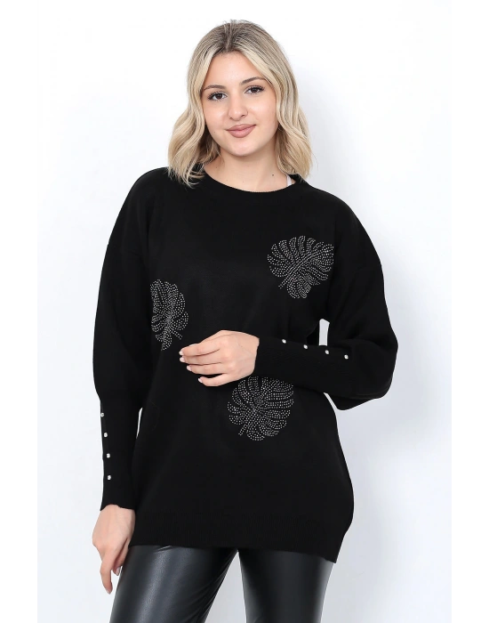 Kadın Triko Kazak Bisiklet Yaka Yaprak Desenli Kolu Taşlı Oversize Siyah