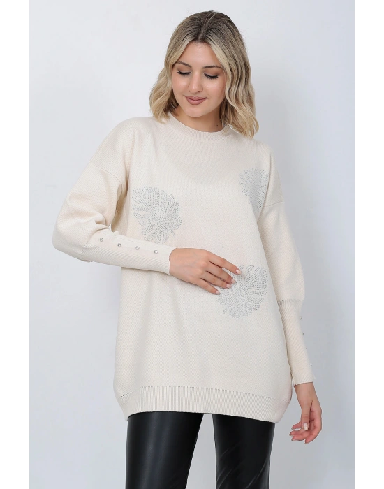 Kadın Triko Kazak Bisiklet Yaka Yaprak Desenli Kolu Taşlı Oversize Taş Renk