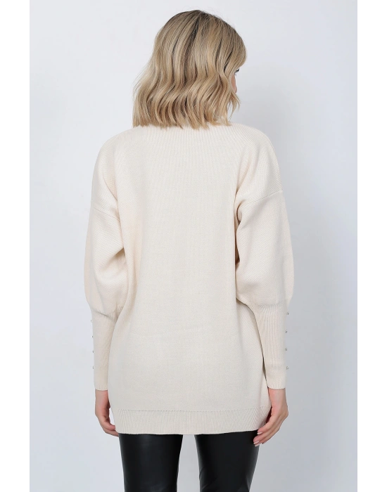 Kadın Triko Kazak Bisiklet Yaka Yaprak Desenli Kolu Taşlı Oversize Taş Renk