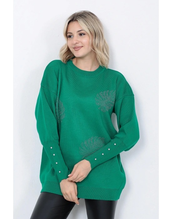 Kadın Triko Kazak Bisiklet Yaka Yaprak Desenli Kolu Taşlı Oversize Yeşil