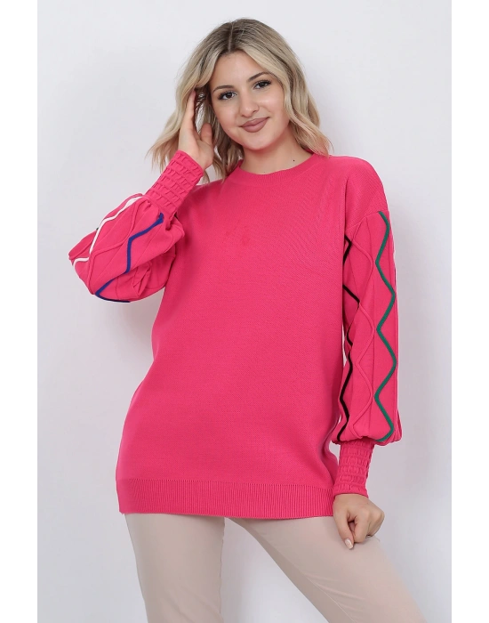Kadın Triko Kazak Kolu Çizgili Fujya