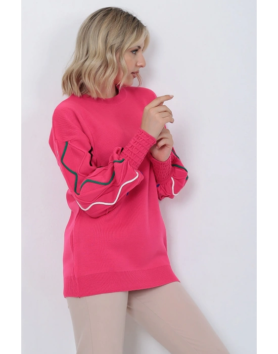 Kadın Triko Kazak Kolu Çizgili Fujya