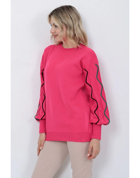 Kadın Triko Kazak Kolu Çizgili Fujya