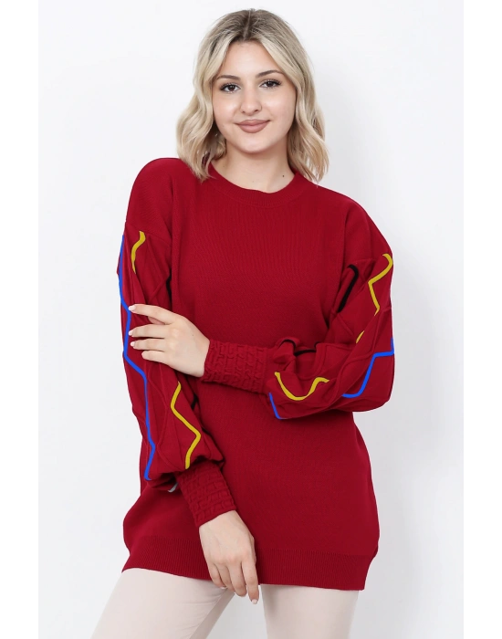 Kadın Triko Kazak Kolu Çizgili Kırmızı