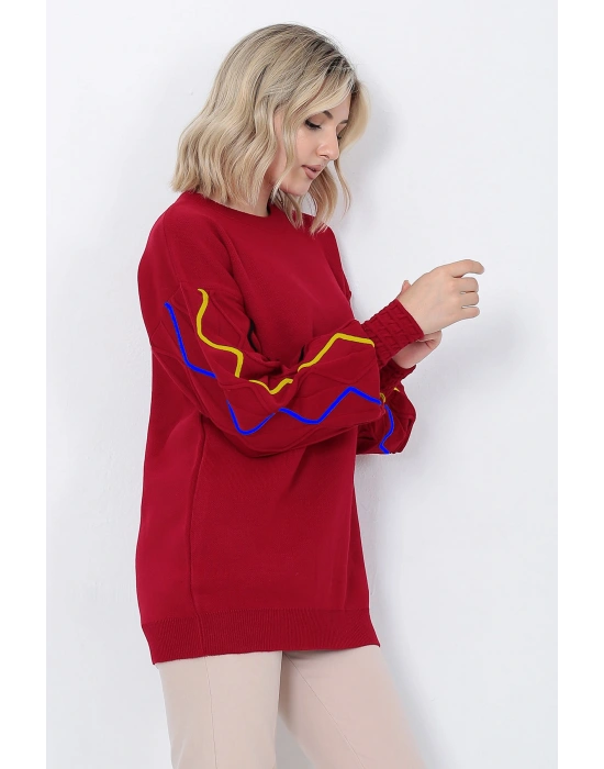 Kadın Triko Kazak Kolu Çizgili Kırmızı