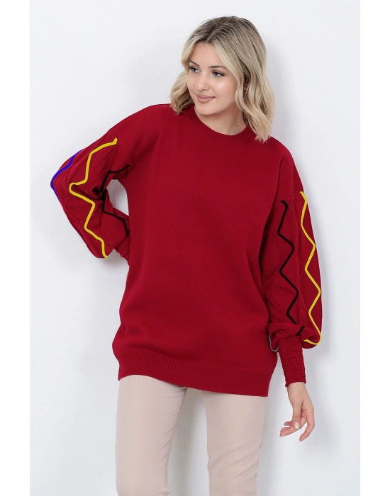 Kadın Triko Kazak Kolu Çizgili Kırmızı