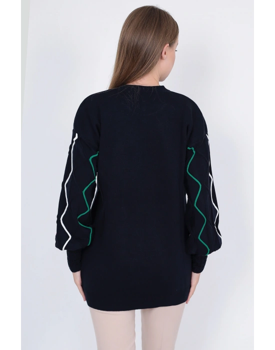 Kadın Triko Kazak Kolu Çizgili Koyu Lacivert