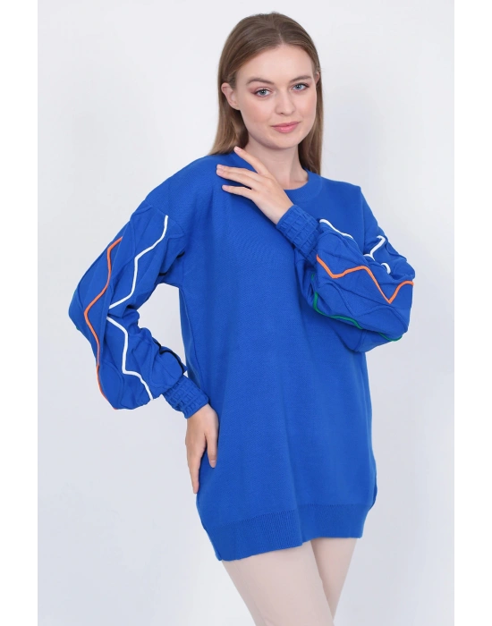 Kadın Triko Kazak Kolu Çizgili Saks Mavi