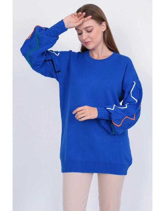 Kadın Triko Kazak Kolu Çizgili Saks Mavi