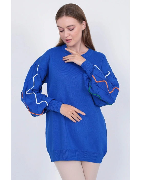 Kadın Triko Kazak Kolu Çizgili Saks Mavi