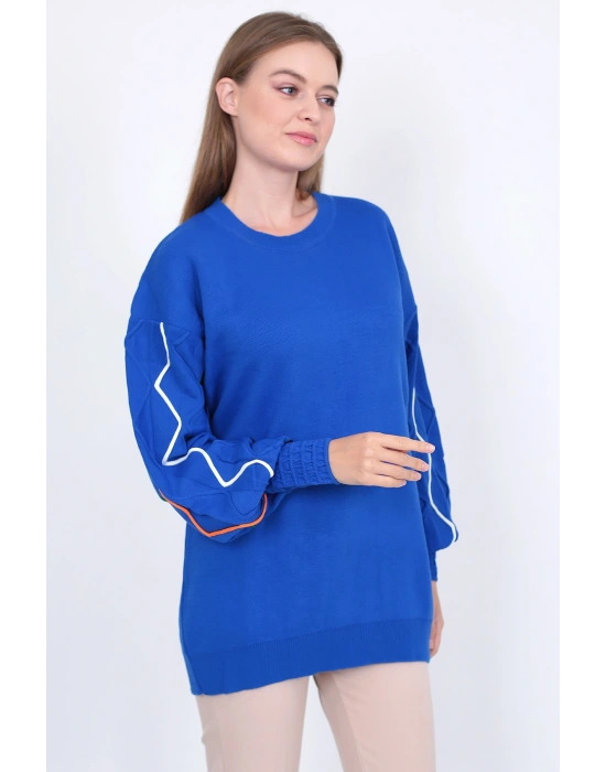 Kadın Triko Kazak Kolu Çizgili Saks Mavi