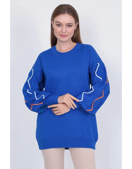 Kadın Triko Kazak Kolu Çizgili Saks Mavi