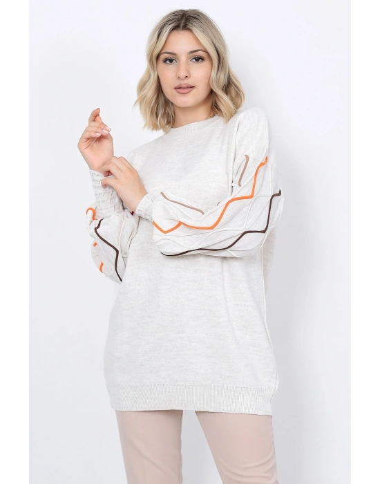 Kadın Triko Kazak Kolu Çizgili Taş Renk