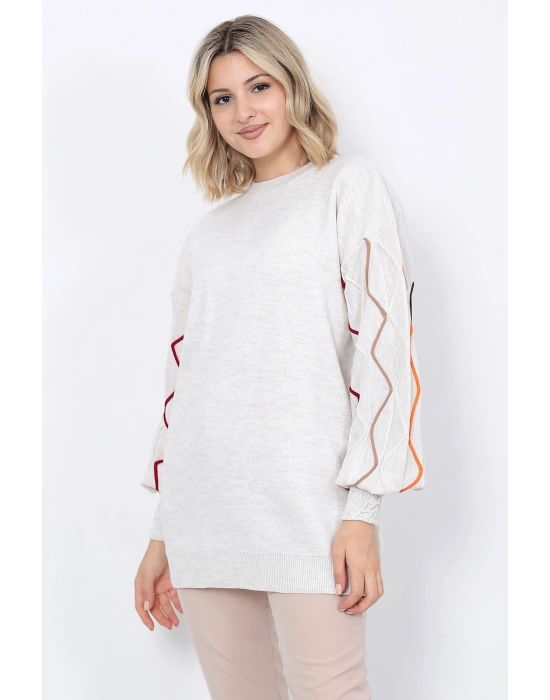 Kadın Triko Kazak Kolu Çizgili Taş Renk