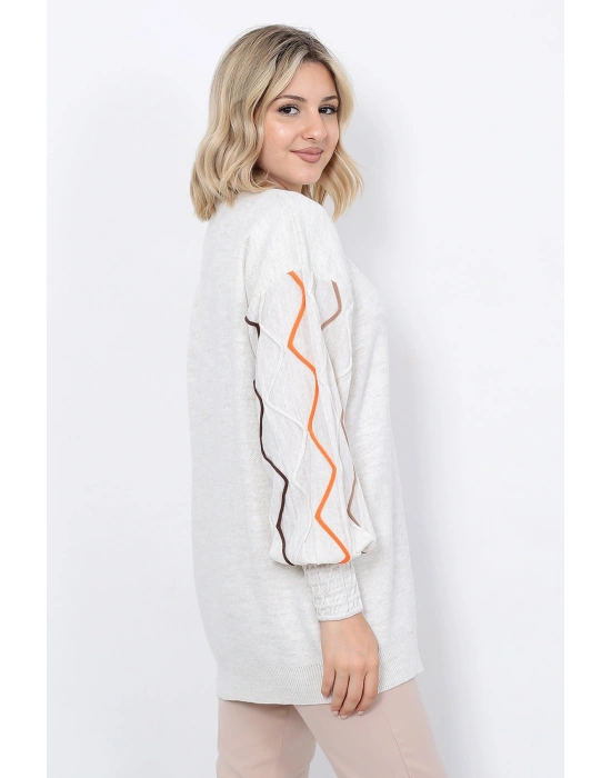 Kadın Triko Kazak Kolu Çizgili Taş Renk