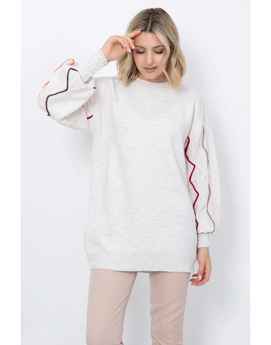 Kadın Triko Kazak Kolu Çizgili Taş Renk