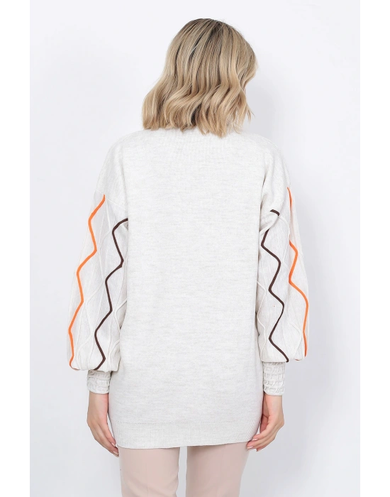 Kadın Triko Kazak Kolu Çizgili Taş Renk
