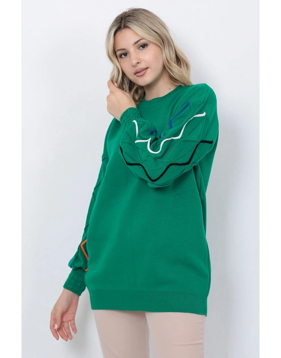 Kadın Triko Kazak Kolu Çizgili Yeşil