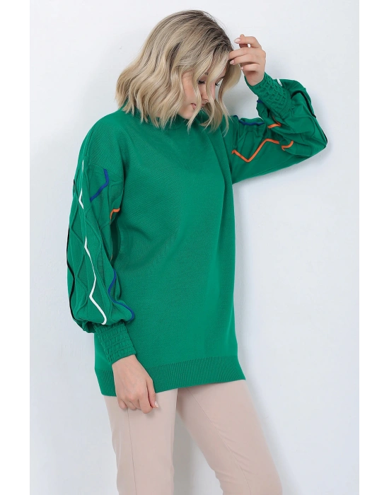 Kadın Triko Kazak Kolu Çizgili Yeşil